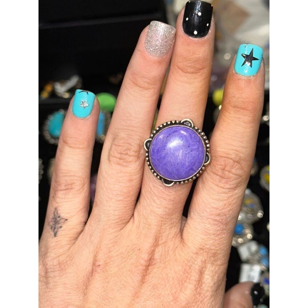 Round Purple Charoite Sterling Silver Overlay Ring Size 7